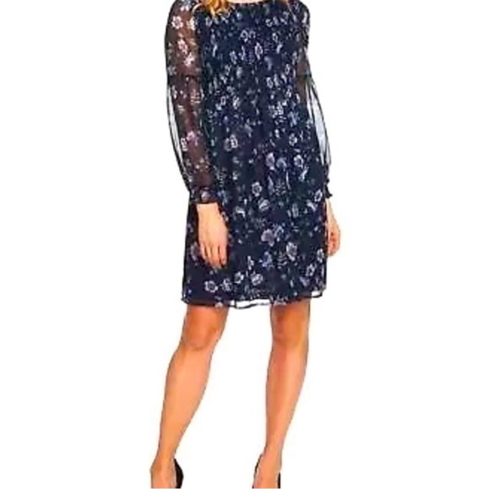 Cece Navy Blue Floral Print Sheer Long-Sleeve Smocked A-Line Dress Medium
